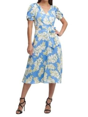 Dkny Blue Floral Wrap Midi Dress with Puff Sleeves